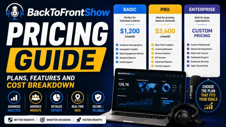 Explore BackToFrontShow pricing, subscription plans, analytics features, costs, billing options, pros, cons, and enterprise pricing details.
