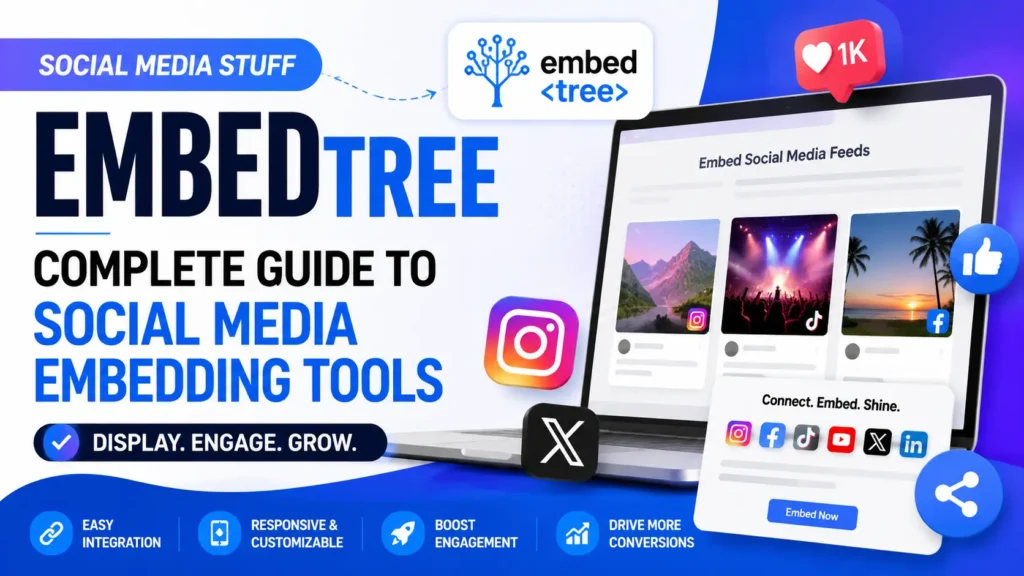 Social Media Stuff EmbedTree platform showing social media embedding tools and dashboard