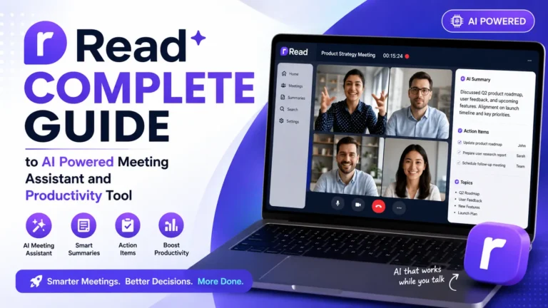 Read AI meeting assistant platform showing transcription summary and engagement analytics dashboard